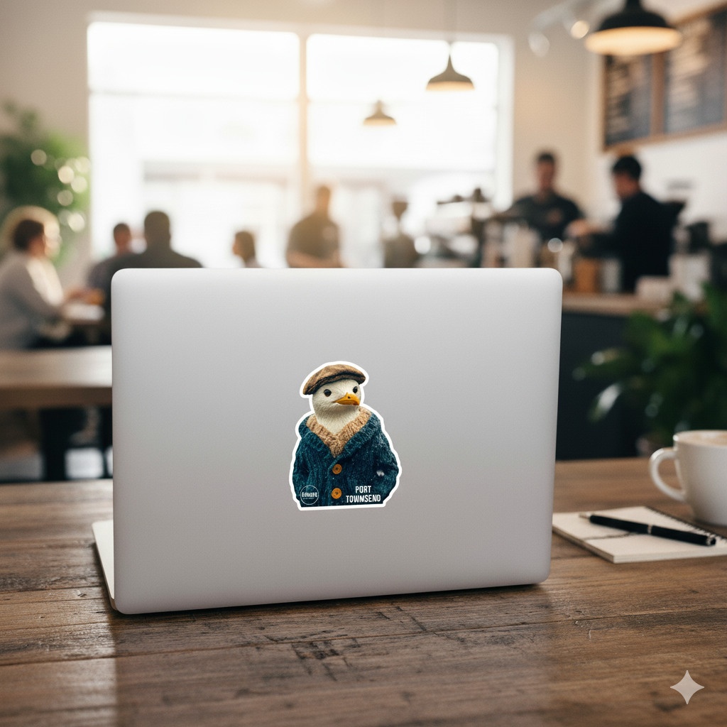 Port Townsend Seagull Sticker - Charming  Seagull with Wool Sweater - Pacific Northwest Souvenir