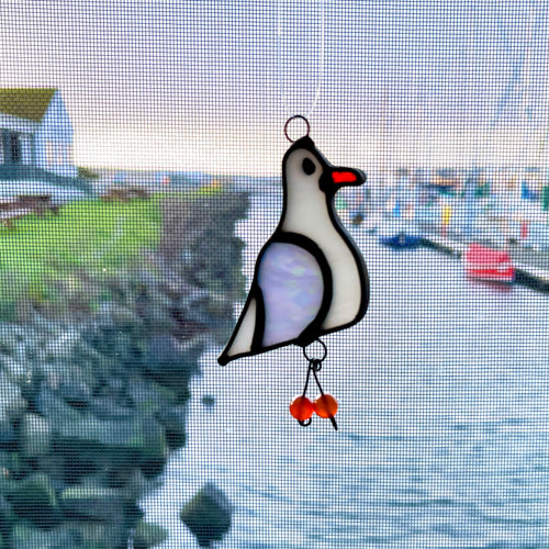 Port Townsend Seagull Suncatcher: Handcrafted Stained Glass from Chums